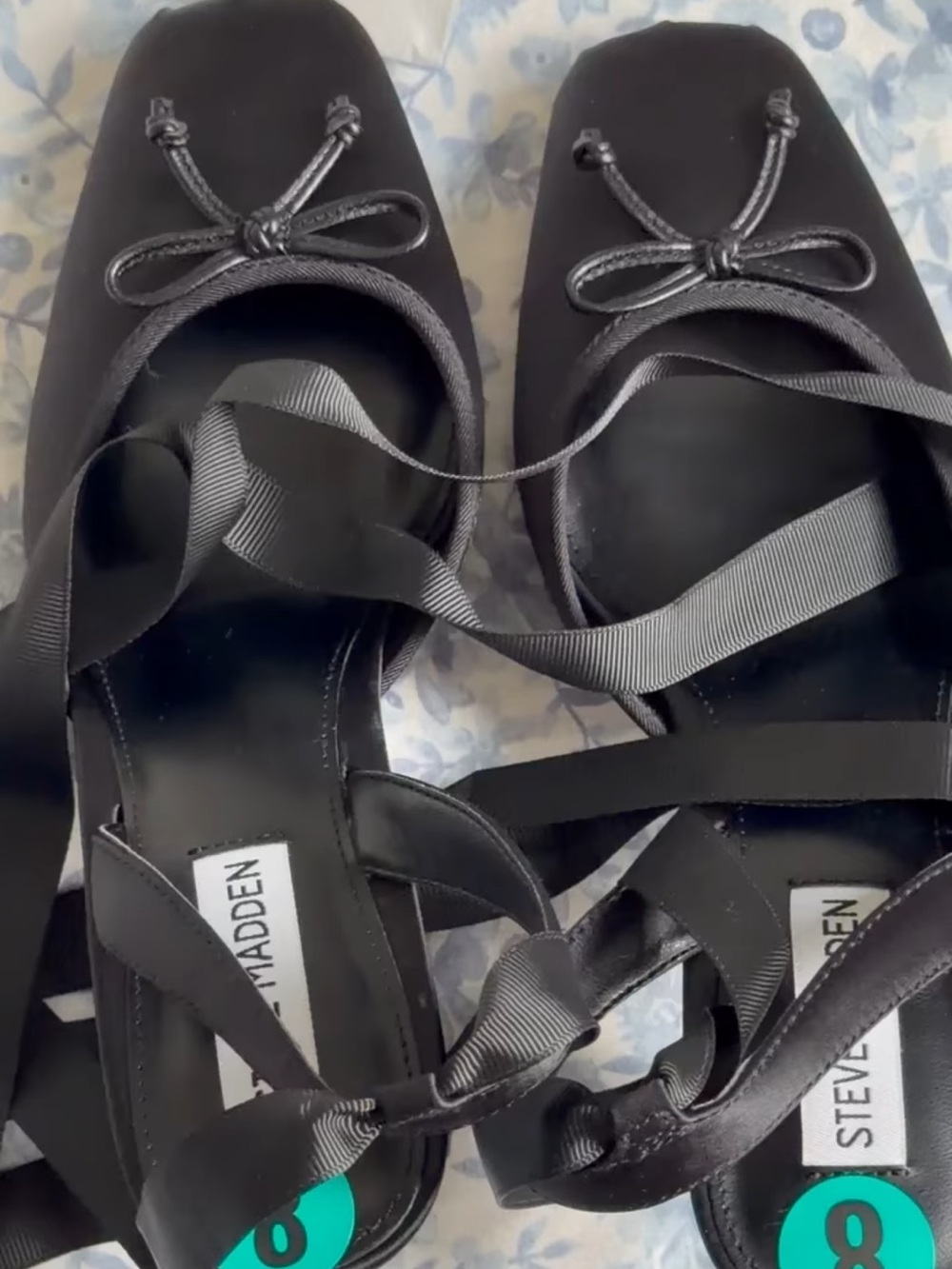 Steve Madden Black Square-Toe Ribbon Tie Ballet Flats